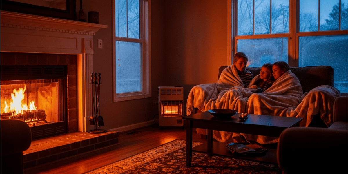 Family staying warm with blankets and space heater during heating emergency in Central New York home