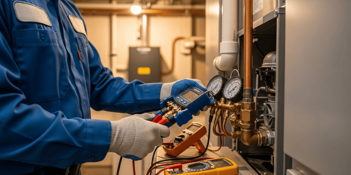 HVAC tech repairing unit