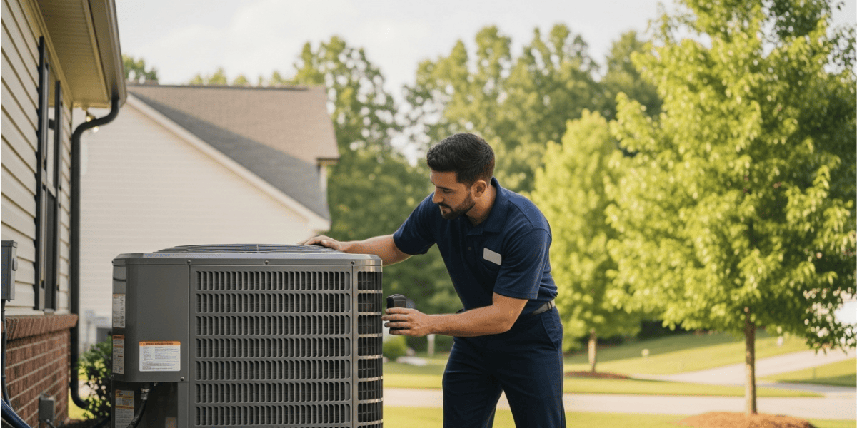 HVAC techs inspecting AC unit during spring