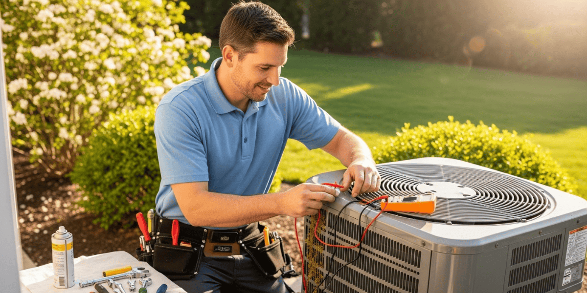 HVAC tech tuning up a system before summer